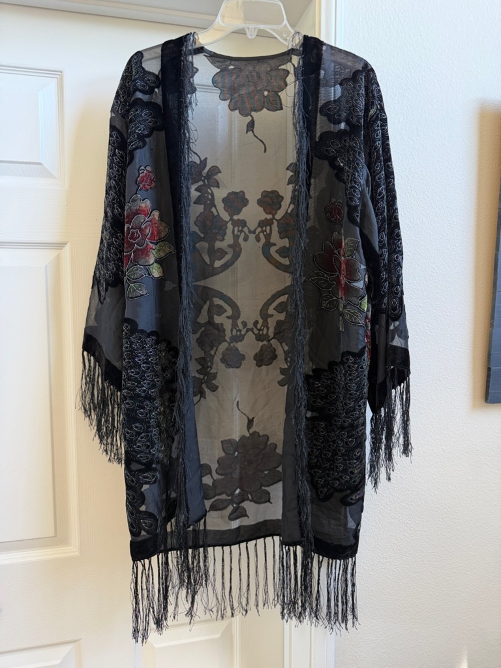 Sheer Black Floral Fringe Kimono Jacket EUC